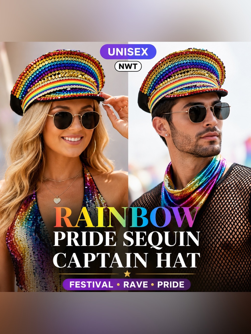 Rainbow Sequin Captain Hat Pride Festival Rave Burning Man Costume NWT